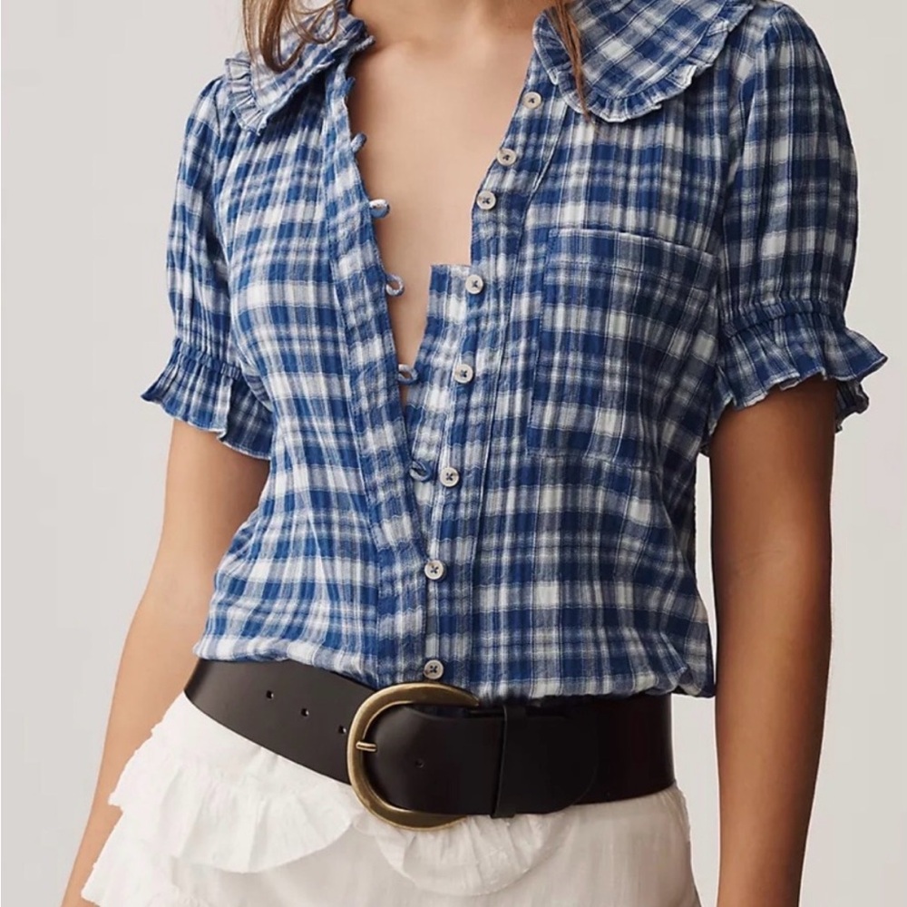 Anthropologie (Pilcro) Blue Ruffle Collar Top